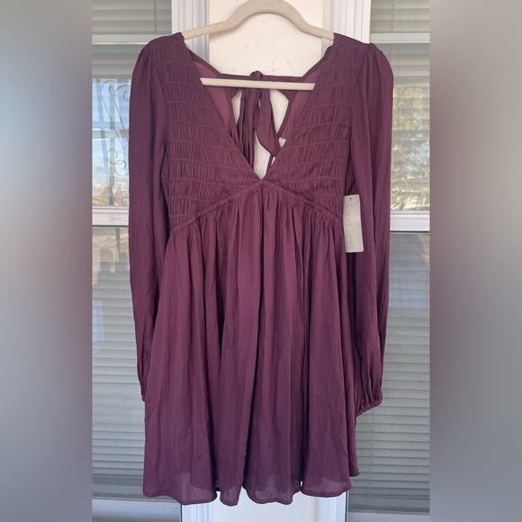 Deep V-Neck Long Sleeve Mini Dress - Picture 1 of 6